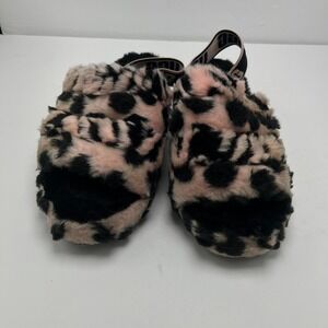 UGG Fluff Yeah Slide Pink Black Leopard Animalia Print Slingback Sandals Sz 6